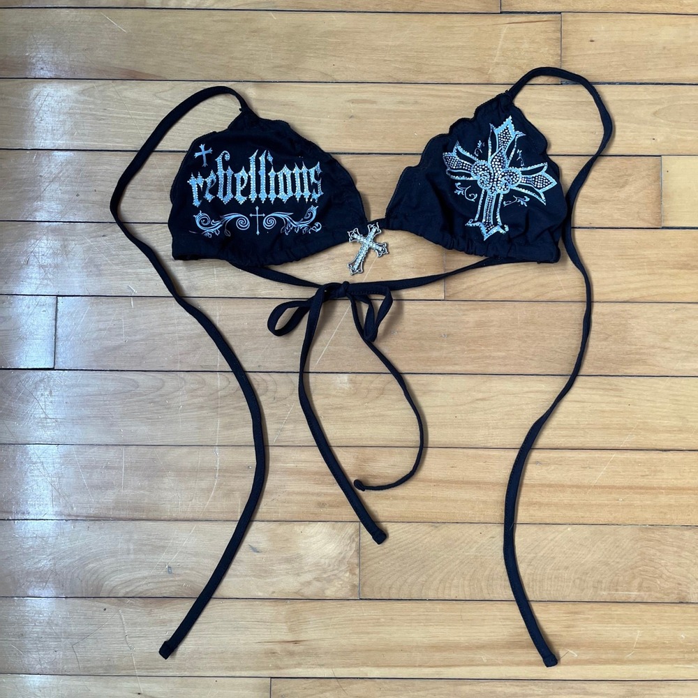 Romwe Black Gothic Rhinestone Cross Halter Bikini Top XS Rebellious Y2k Emo